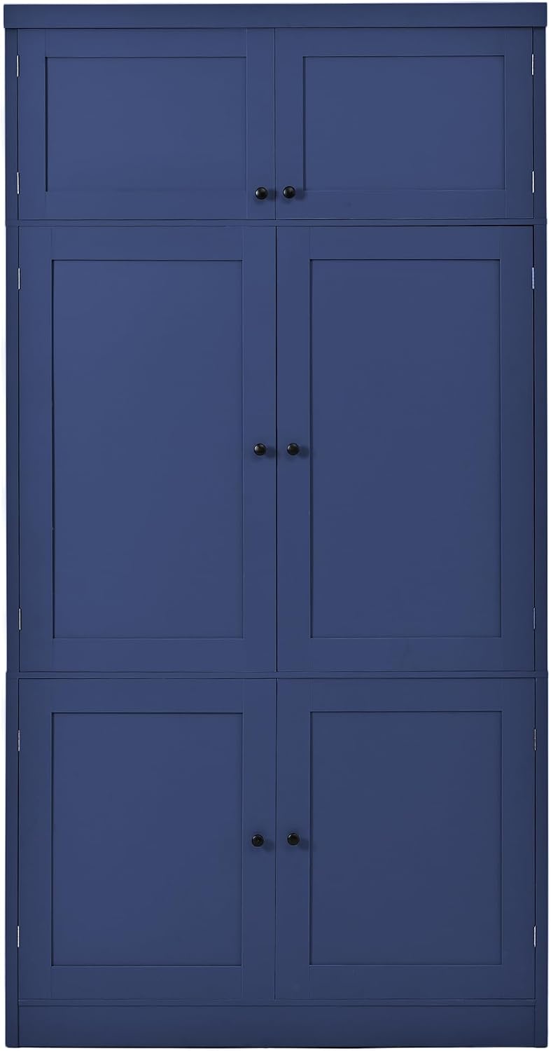 80.1'' Tall Freestanding Kitchen Pantry,Large Shake Style Storage Cabinet Cupboard with 2 Power Outlets,Adjustable Shelves and Door Shelves,for Dining Room (Blue/Power)