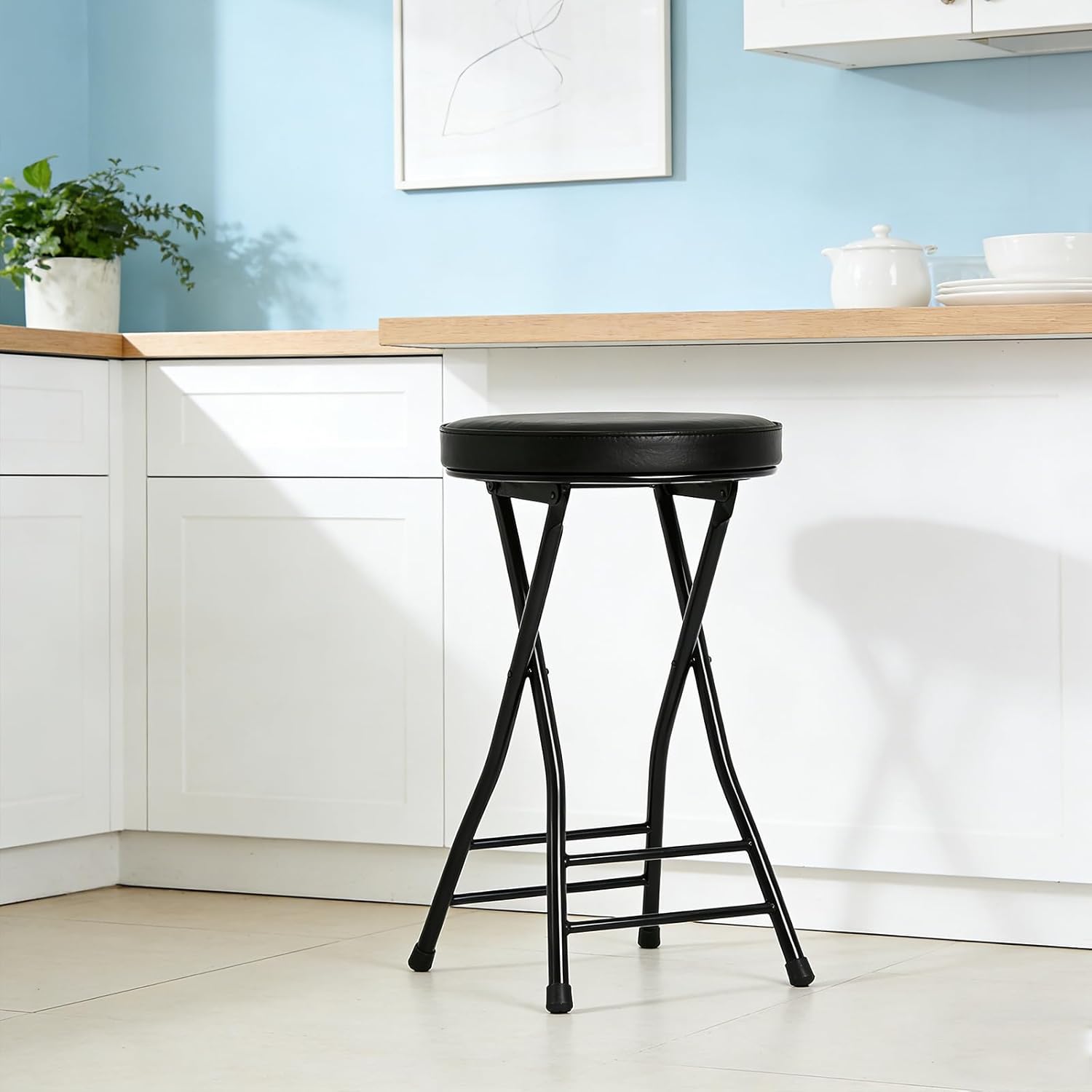 Folding Bar Stool,24 Inch Tall Foldable Stool Chair,Counter Height Cushioned Leather Padded Portable Stools,Heavy Duty Collapsible Stools for Kitchen Island Garden Camping Brown