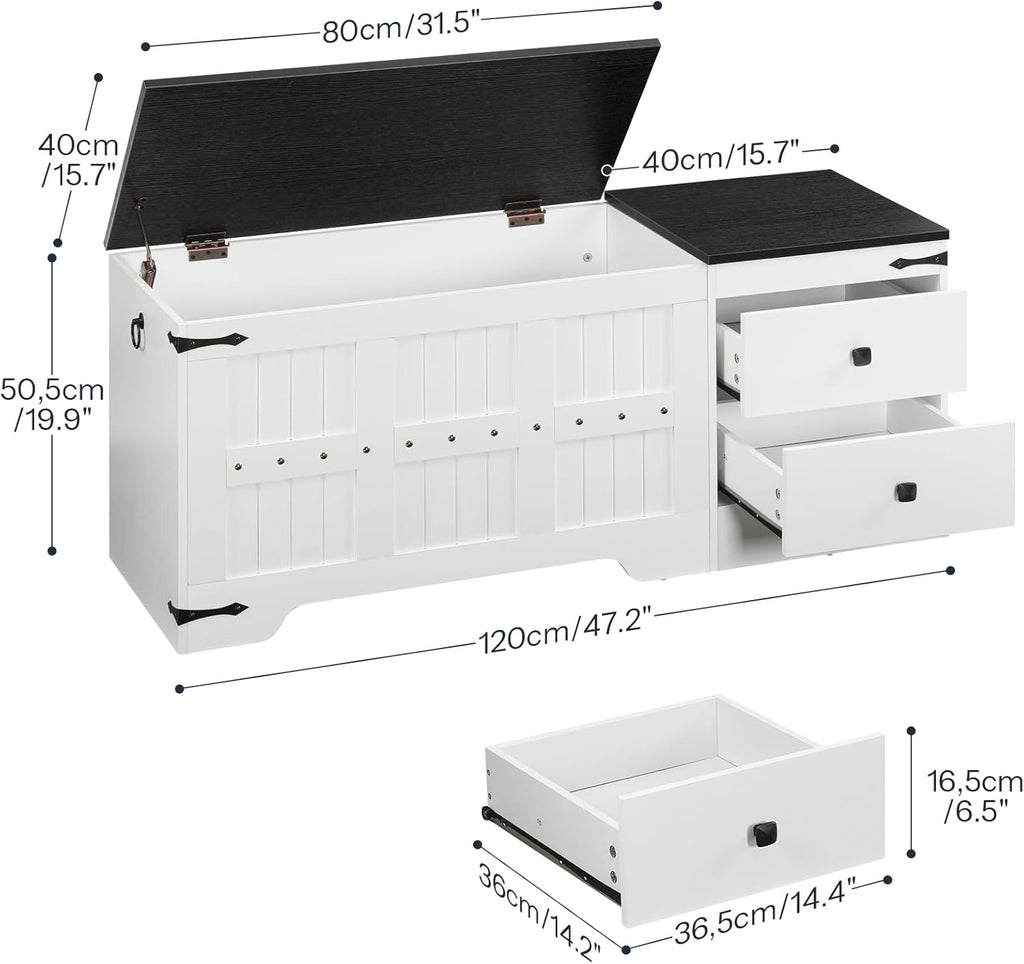 HOOBRO Storage Bench, Toy Box with Dual Drawers and Safe Hinge, Storage Chest with Extra-Long Thick Top, Easy Assembly, for Living Room, Bedroom, White and Black WB212CW01