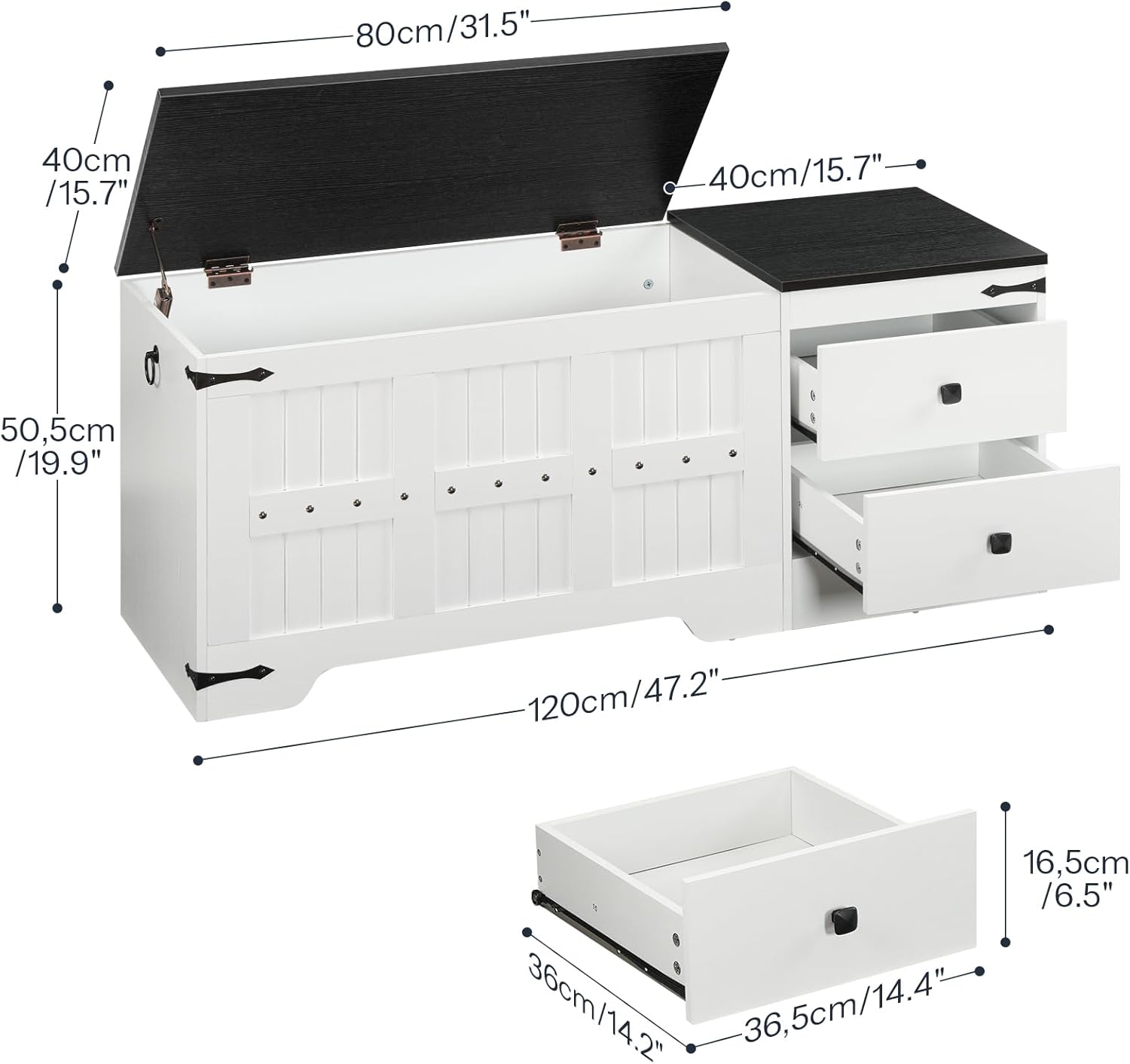 HOOBRO Storage Bench, Toy Box with Dual Drawers and Safe Hinge, Storage Chest with Extra-Long Thick Top, Easy Assembly, for Living Room, Bedroom, White and Black WB212CW01