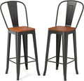 Aiho Bar Stools 30” Dining Chairs Outdoor Patio Bistro Set of 2 Metal Height Bar Stools with Wood Seat and Removable Backrest, Gloss Black