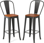 Aiho Bar Stools 30” Dining Chairs Outdoor Patio Bistro Set of 2 Metal Height Bar Stools with Wood Seat and Removable Backrest, Gloss Black