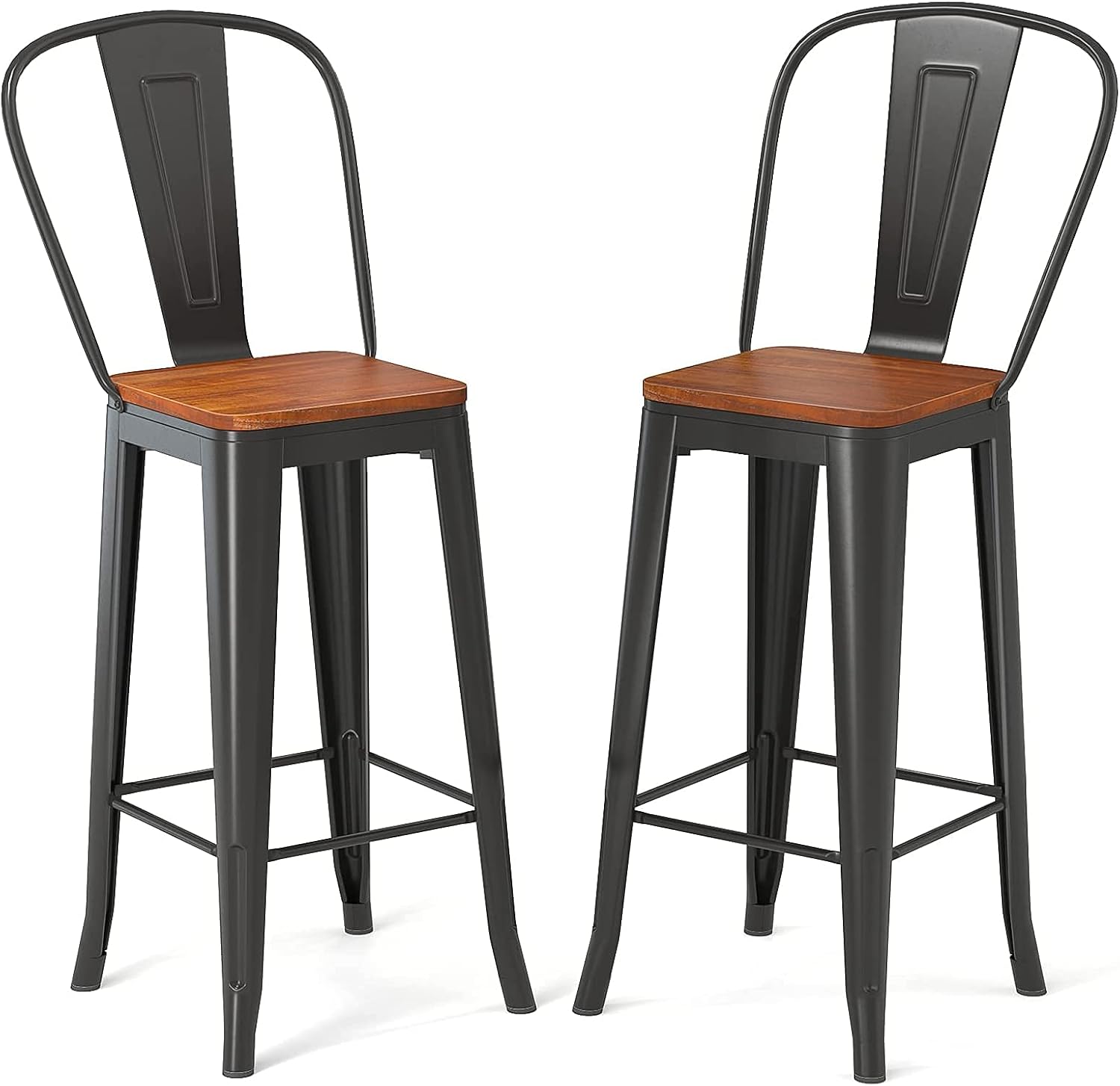 Aiho Bar Stools 30” Dining Chairs Outdoor Patio Bistro Set of 2 Metal Height Bar Stools with Wood Seat and Removable Backrest, Gloss Black