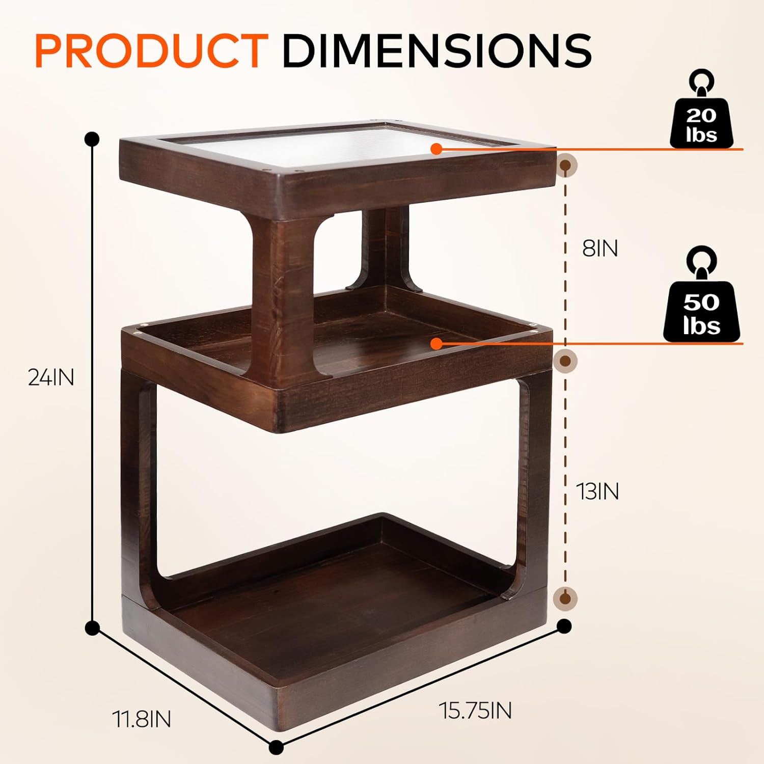 Solid Wood End Table, 3-Tier Small Side Table with Fluted Acrylic Top, Rectangular Geometric Retro Accent Table with Open Storage for Small Spaces, Living Room, Bedroom, 100% Pine, Brown