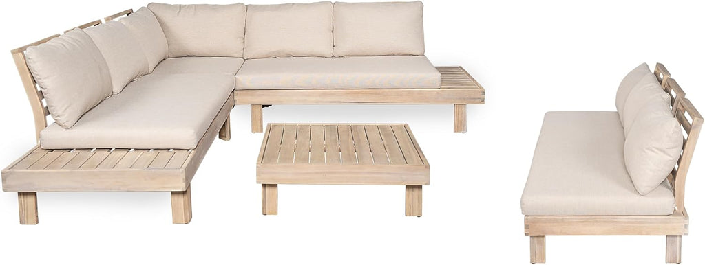 Merax 5 Piece Paito 8-Seaters Conversation Set, All-Weather Acacia Wood L-Shaped Sofa with Side Tables and 3-Seater Sofa Bed with Cushions,Outdoor Sectional Couch Set for Backyard, Light White+Sand
