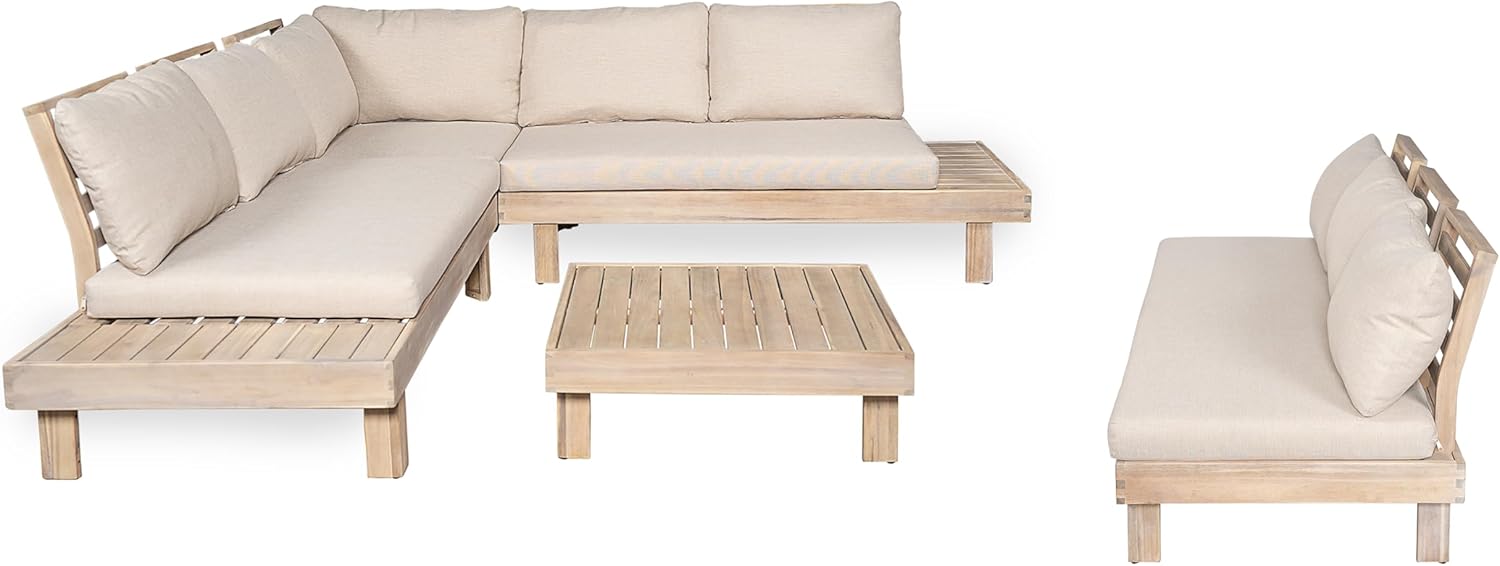 Merax 5 Piece Paito 8-Seaters Conversation Set, All-Weather Acacia Wood L-Shaped Sofa with Side Tables and 3-Seater Sofa Bed with Cushions,Outdoor Sectional Couch Set for Backyard, Light White+Sand
