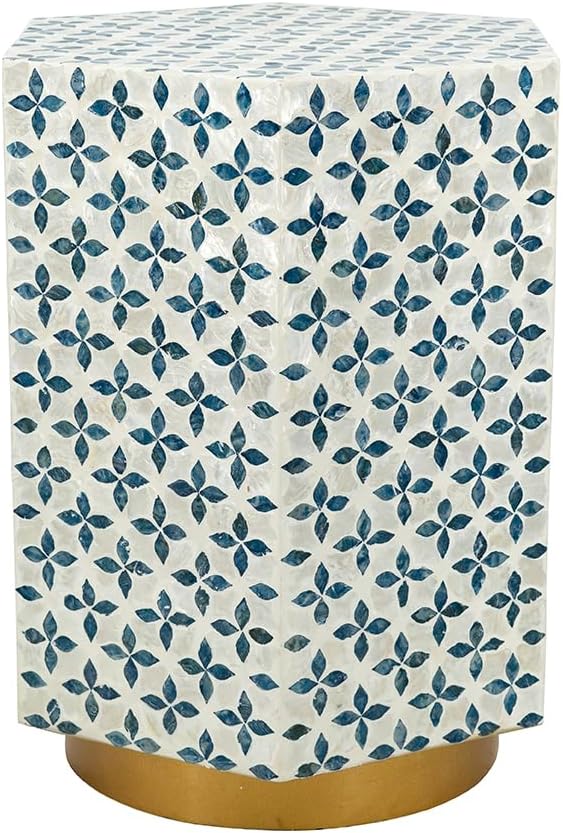 15x13'x18.5' Hexagonal Accent Table with Blue Capiz Design & Gold Base ?Elegant Side Table for Living Room, Bedroom, Office Decor