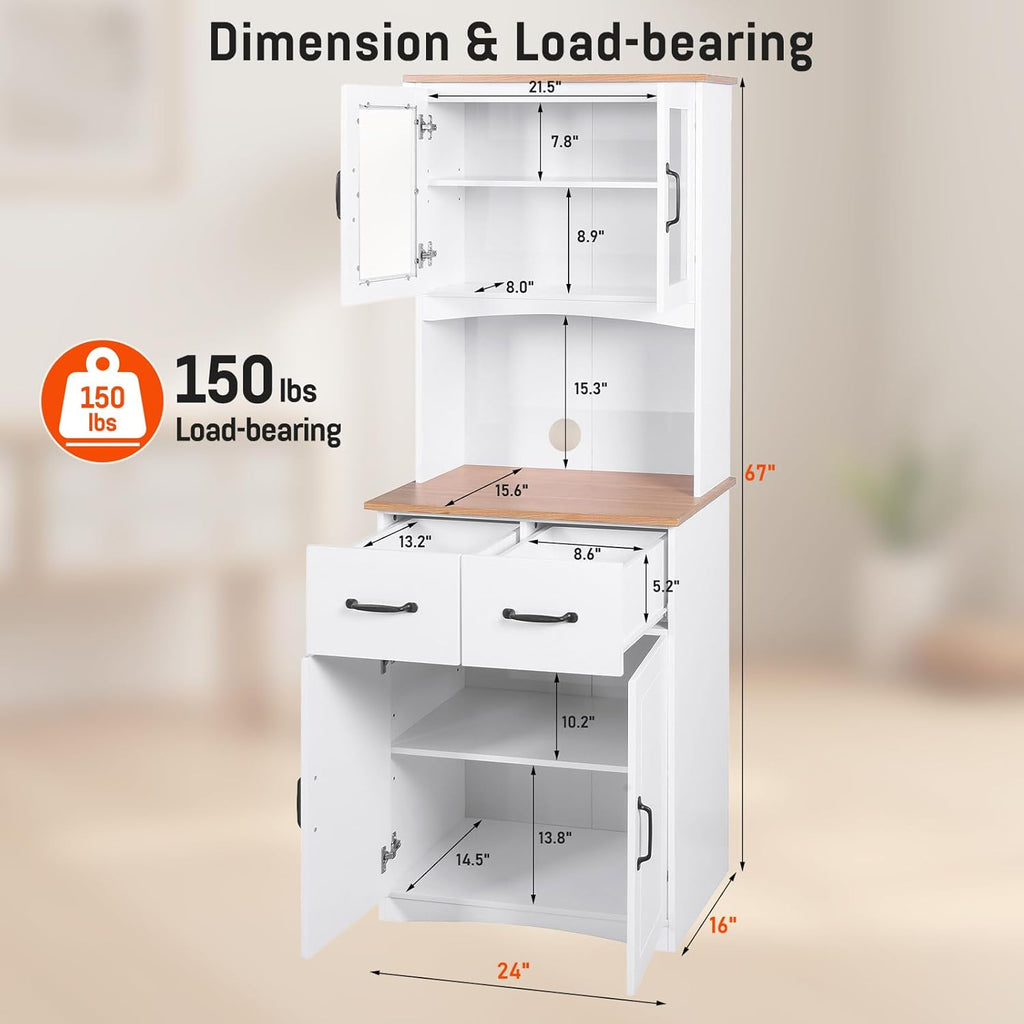 67" Kitchen Pantry Cabinet with Glass Doors & Drawers, Adjustable Shelves, Anti-Tip, Space-Saving Microwave Stand for Small Kitchens