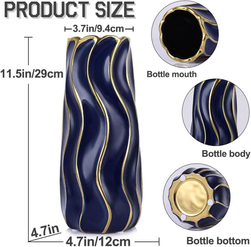 11.5" Blue Ceramic Vase - Minimalist Blue and Gold Flower Vase, Blue Decor Large Pampas Grass Vase, Boho Decorative Centerpiece Vase for Home Decor, Table, Shelf, Mantel, and Entryway