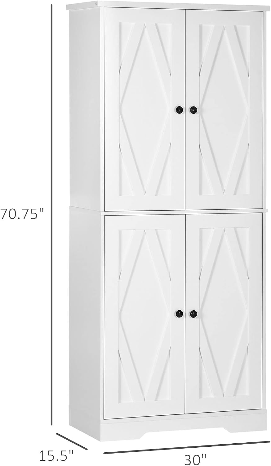 70.75" Farmhouse Kitchen Pantry Cabinet, Freestanding Tall Storage Cabinet with 4 Barn Doors and Adjustable Shelves for Dining Room, White,15.5 * 30 * 70.8