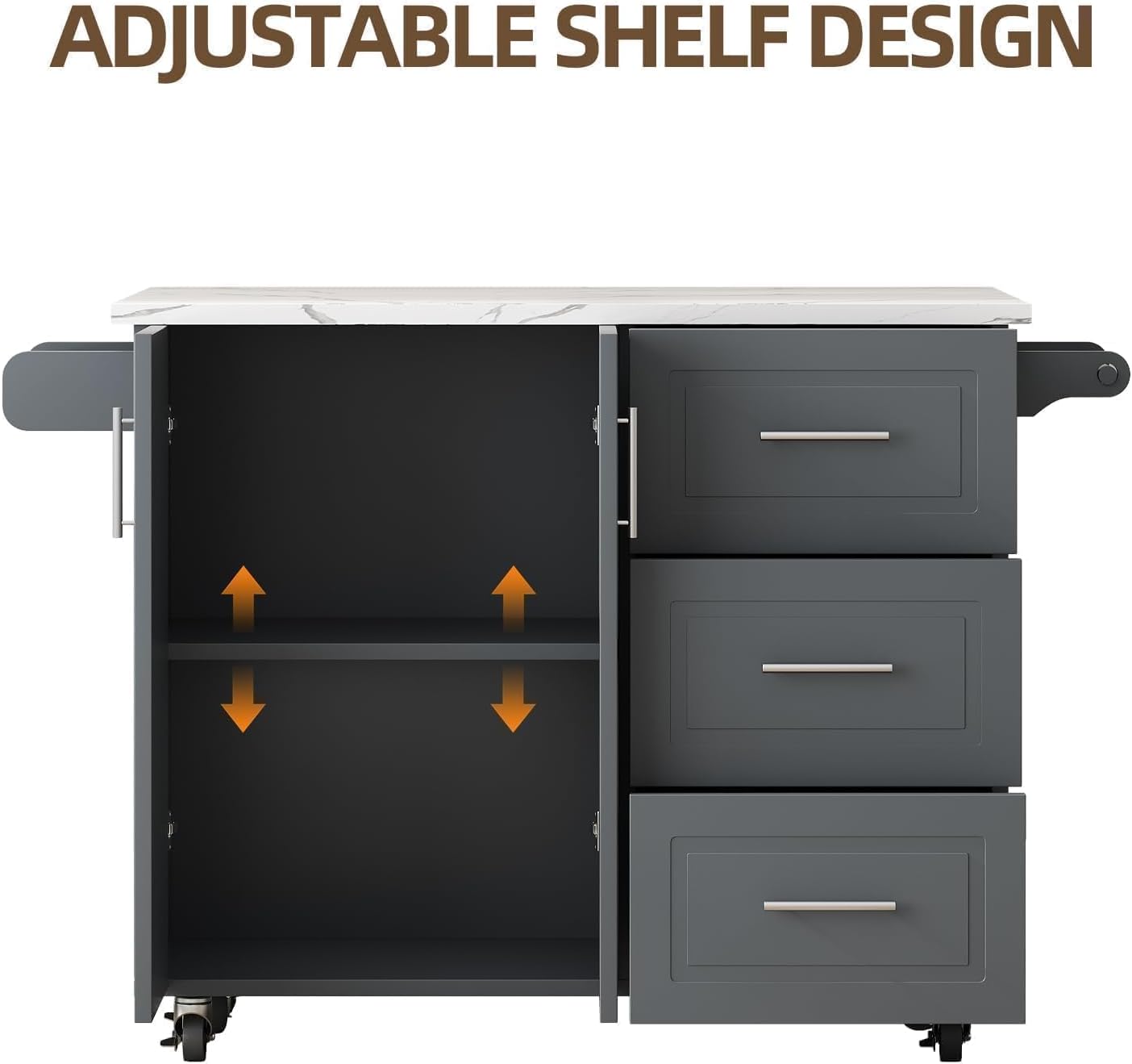 4 EVER WINNER Kitchen Island on Wheels with Storage and Drop Leaf, Faux Marble Texture Tabletop, 43" Kitchen Island Cart with Towel Rack & Spice Rack, Rolling Islands Cart for Kitchen, Gray