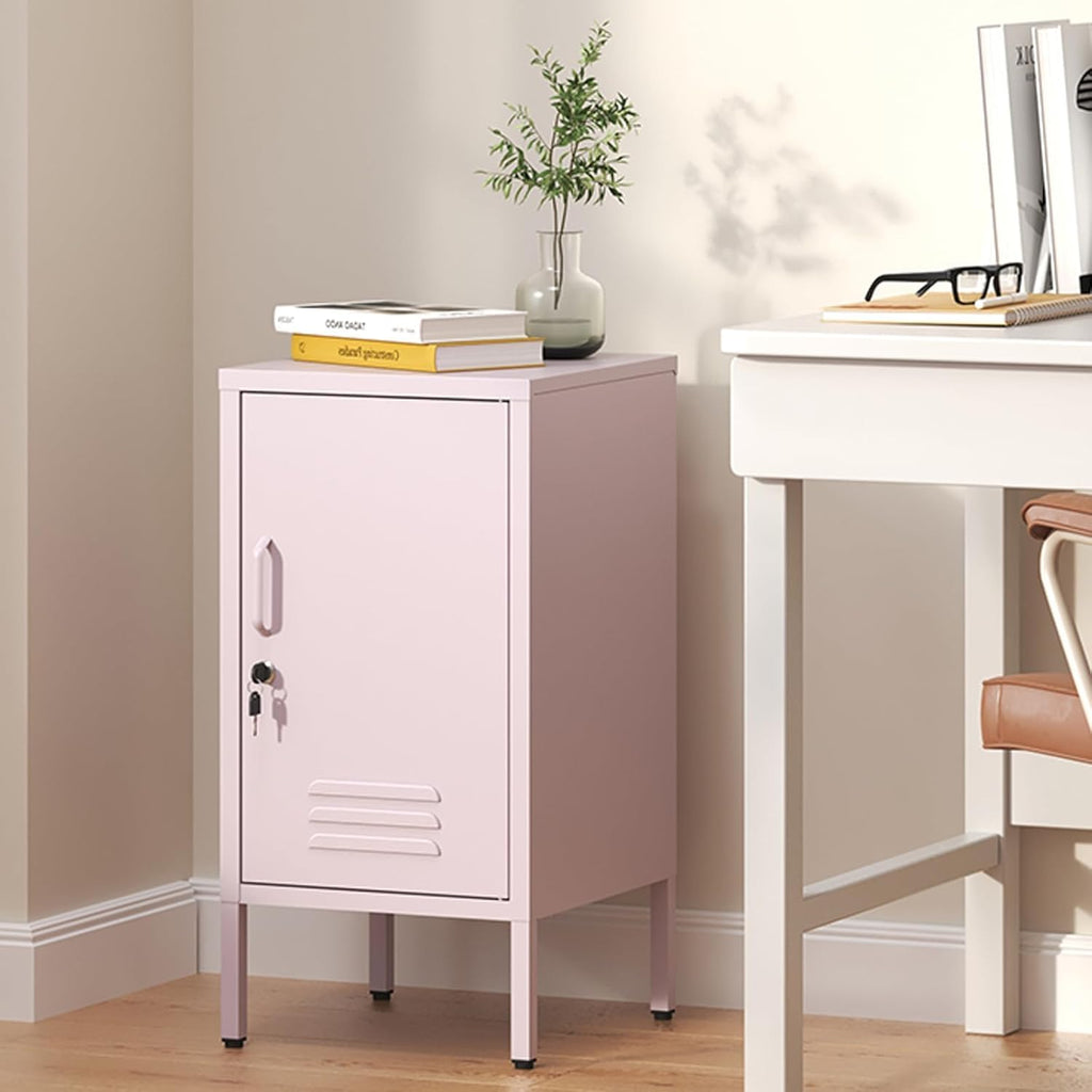 Single Door Lockable Metal End Table,Modern Minimalist Room Side Table with 2 Adjustable Shelf,Multi Storage Cabinet for Living Room Bedroom, Easy to Assemble 27.55”H x 13.78”W x 14.96”D