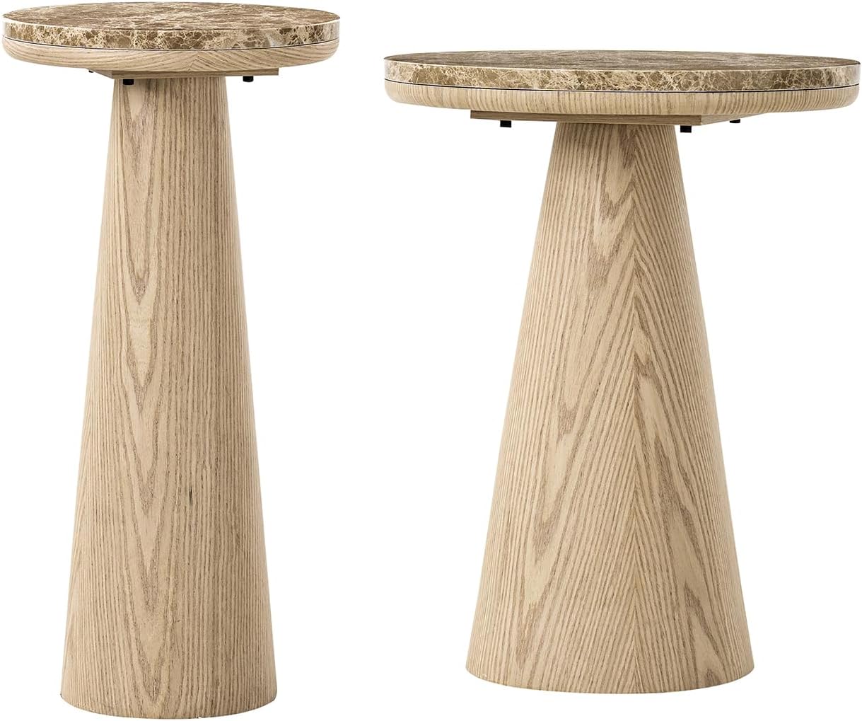 HULALA HOME Nesting End Tables Set of 2, Modern Side Tables with Genuine Marble Top and Oak Veneer Cone-Shaped Base, Sculptural Pedestal Accent Tables for Living Room and Bedroom, Oak