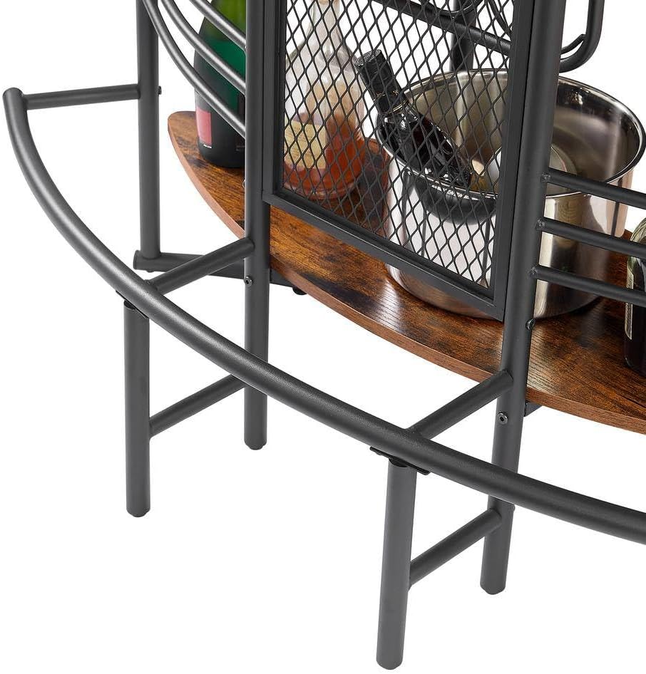 Oval Bar Table with Wood Counter Top and Wine Rack Storage Bar Cabinet for Dining Room Brown Metal Frame Coffee Bar Stand for Home