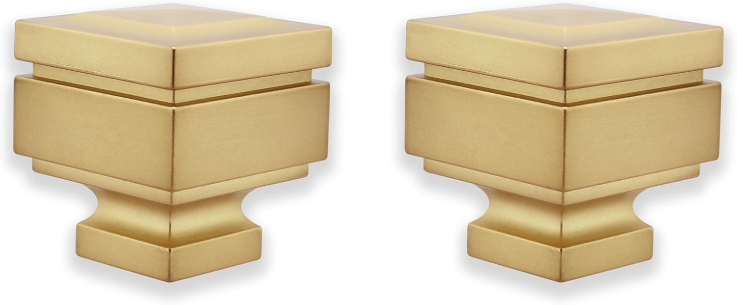 BLASTHOME® Luxury Step Square Finials – Fits Only Signature Collection Curtain Rods (Rod Not Included) – Premium Quality, Heavy Metal – Set of Two – Brushed Gold Finish