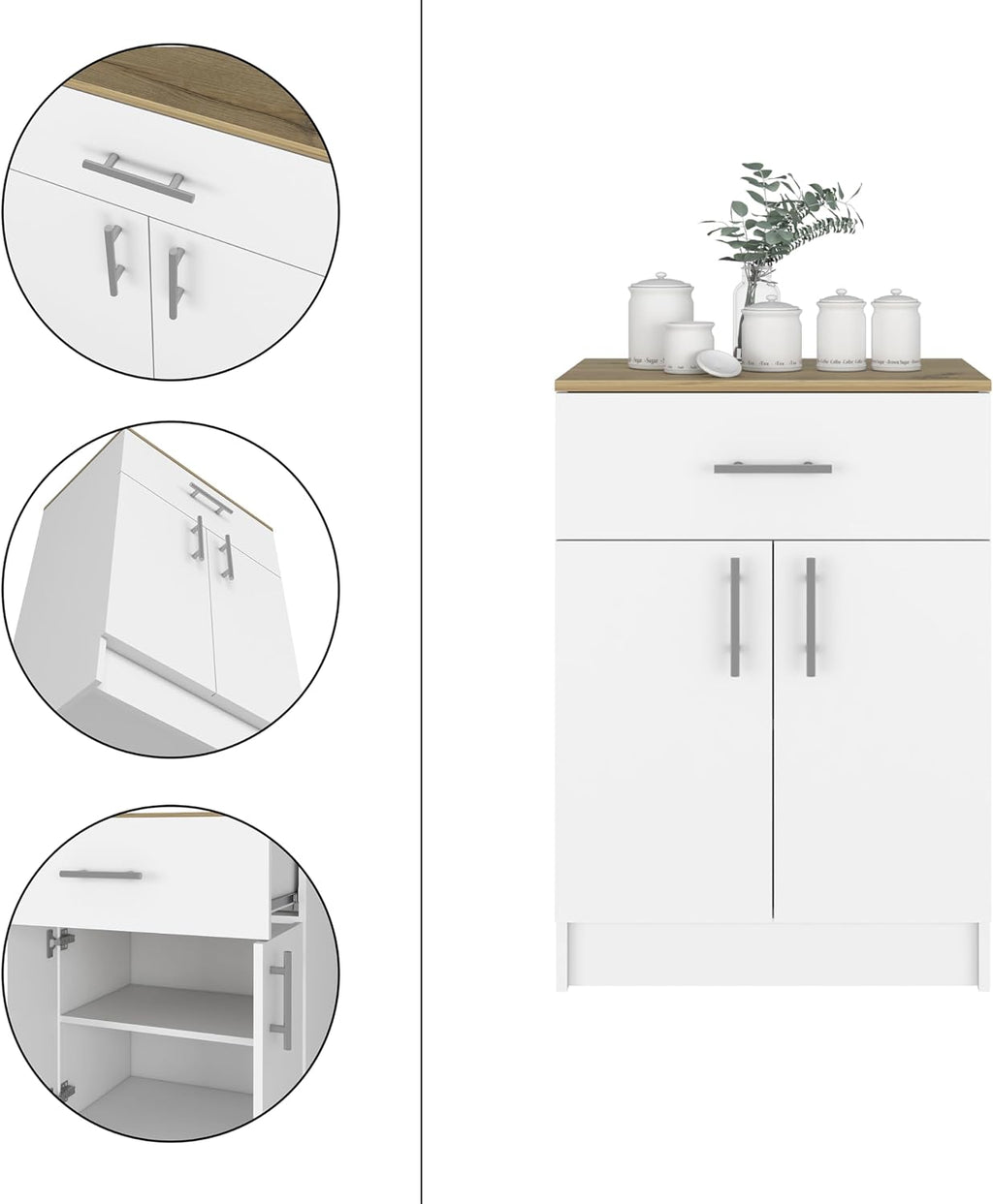 Modern Kitchen Pantry, Storage Cabinet with 1 Drawer, Particle Board, White + Light Oak, for Dining Room, Easy to Clean
