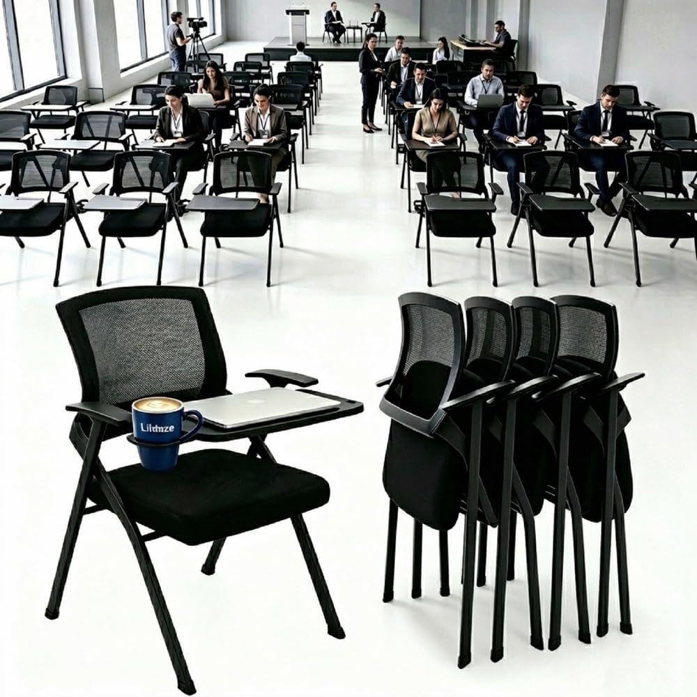 24 Pack Folding Training Chair with Tablet Arm & Cup Holder, Commercial Grade Conference & Meeting Room Chairs with Writing Board, Space Saving Foldable Classroom Chairs for Seminar, School, Church