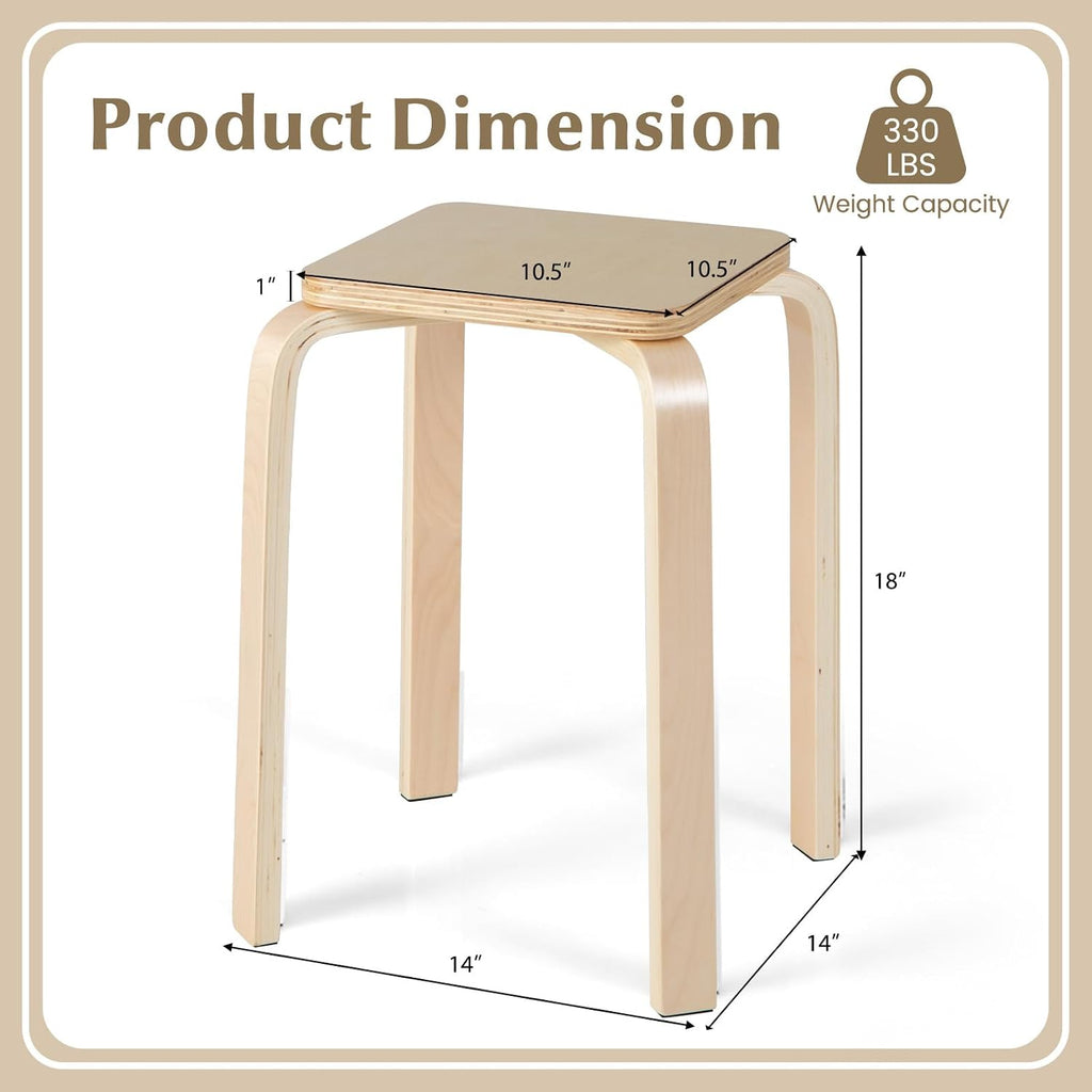 POWERSTONE Wooden Stackable Stools Set of 4, 18" Square Backless Student Chairs w/Non-Slip Pads, Lightweight Stacking Stools for Kitchen, Classroom, Dining Room 330lb Capacity