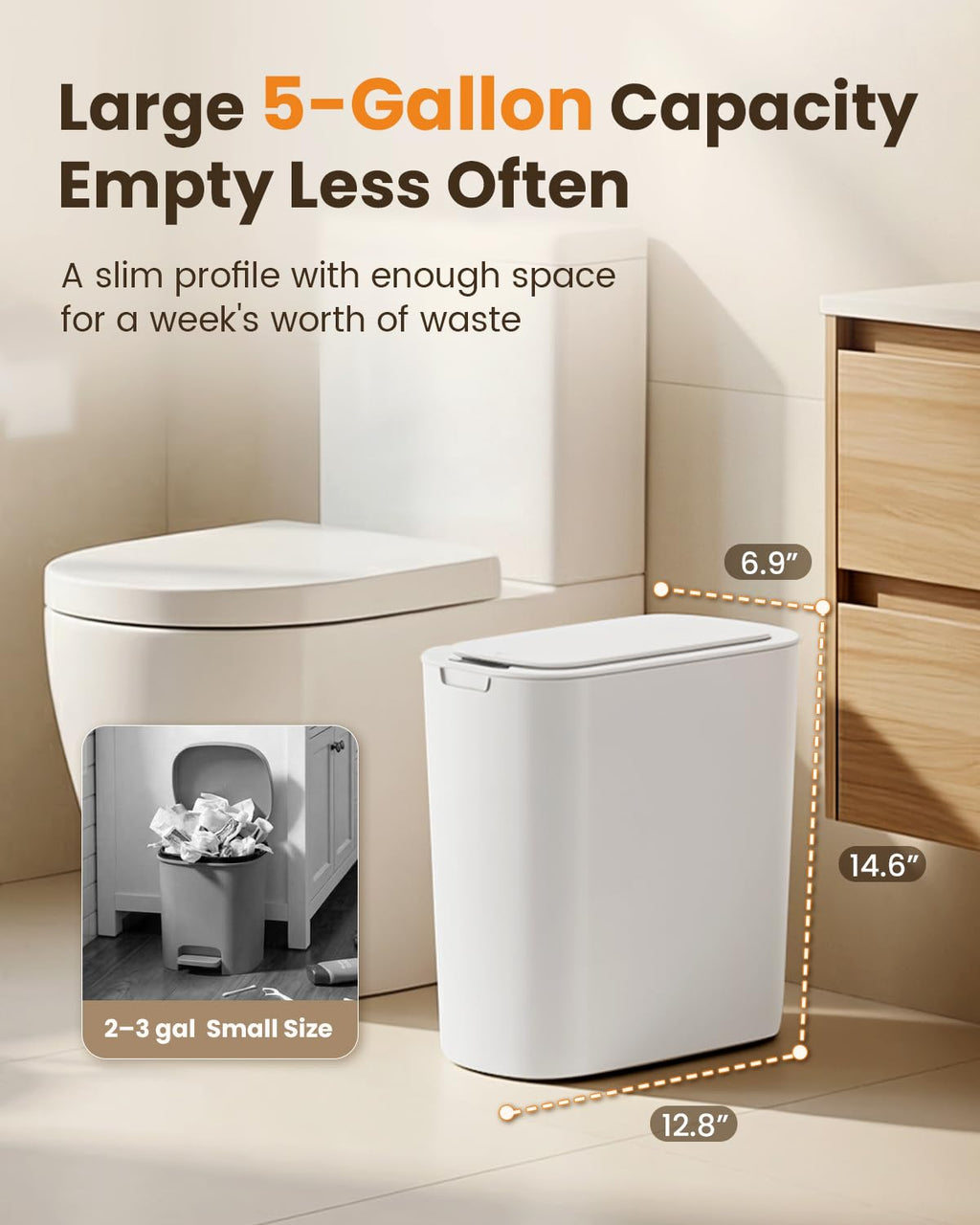 Cesun Motion Sensor Trash Can, 5 Gallon Automatic Bathroom Garbage Can with Lid, Touchless Smart Plastic Slim Wastebasket for Bathroom, Office, rv, Bedroom, Living Room, White