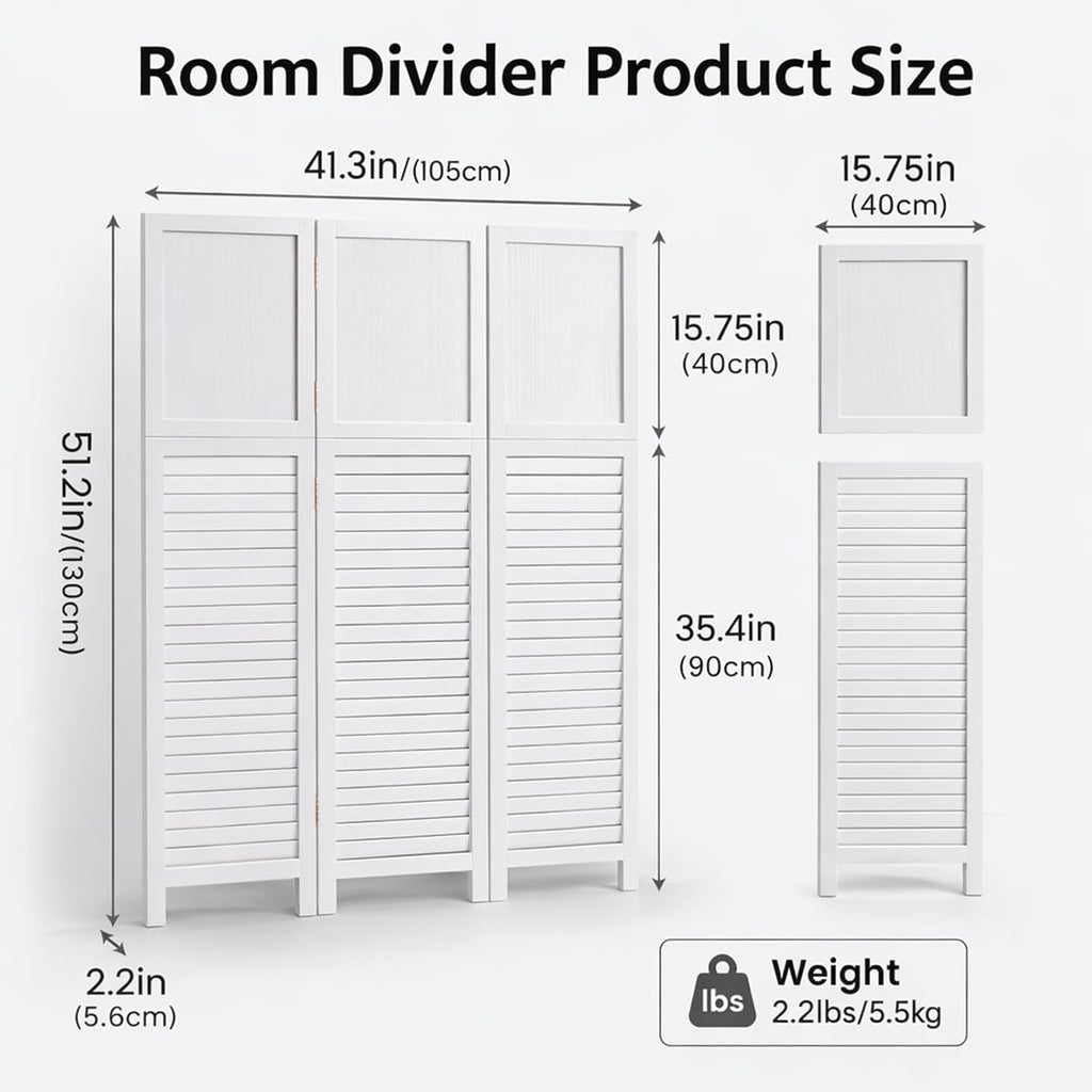 Short Room Divider 3 Panel, 51" H Modular Detachable Wall Partition, Louver & Solid Wood Privacy Screen for Clutter Concealing, Small Space Division for Home Office, White