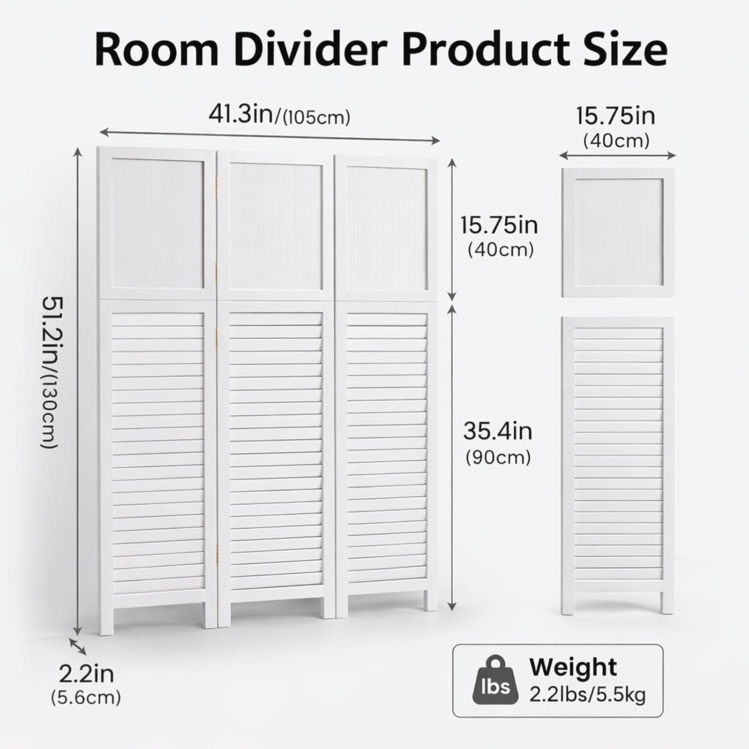 Short Room Divider 3 Panel, 51" H Modular Detachable Wall Partition, Louver & Solid Wood Privacy Screen for Clutter Concealing, Small Space Division for Home Office, White