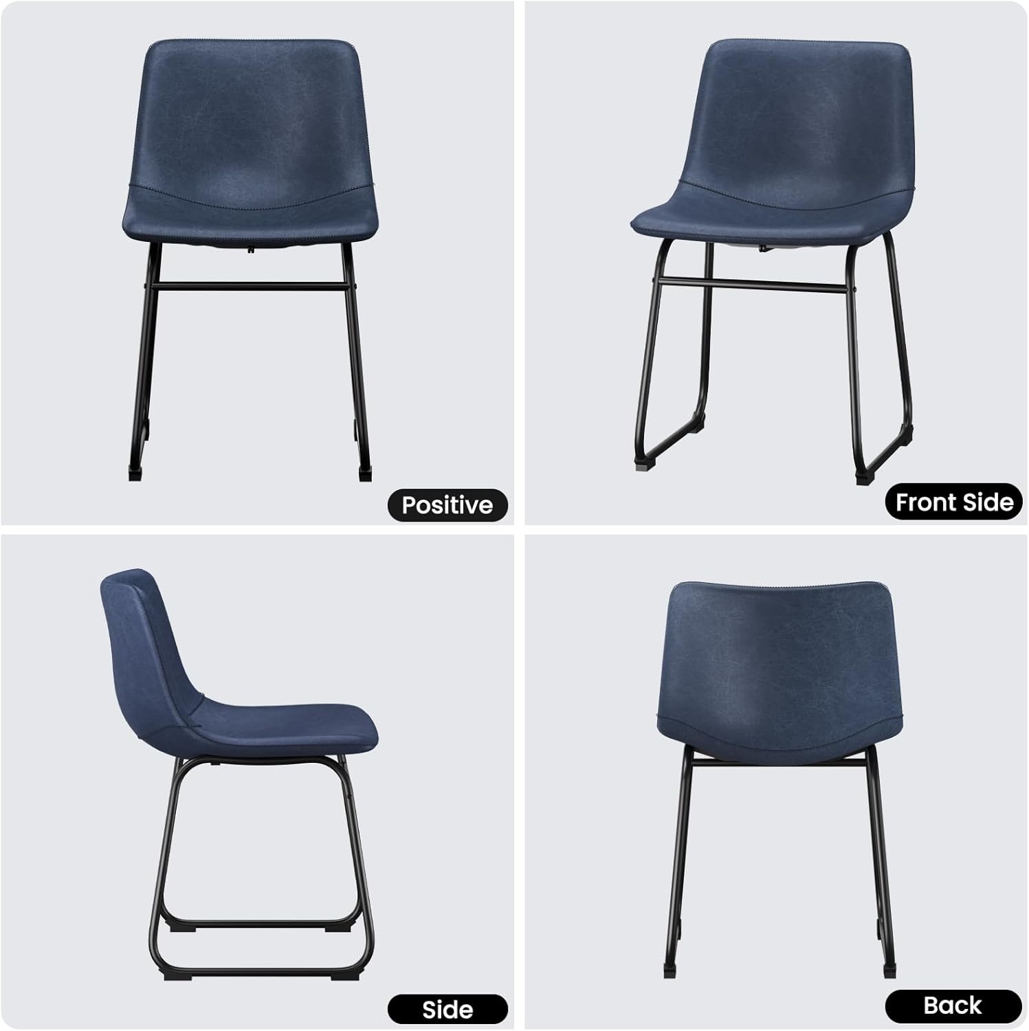 Dining Chairs Set of 2, 18 Inch Faux Leather Kitchen Chairs with Back, Modern Armless Dining Room Chair with Metal Legs for Home Bistro Coffee Shops (Blue)