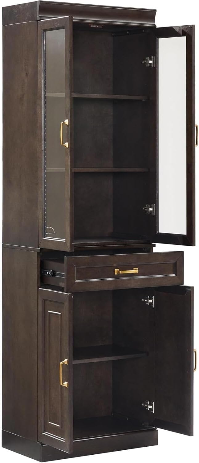 HomeStock Renaissance Refinement Stanton Glass Door Kitchen Storage Pantry Cabinet - 14.5" D x 23.75" W x 78" H, Durable, Adjustable Shelf, Floor Mountable, Rectangular