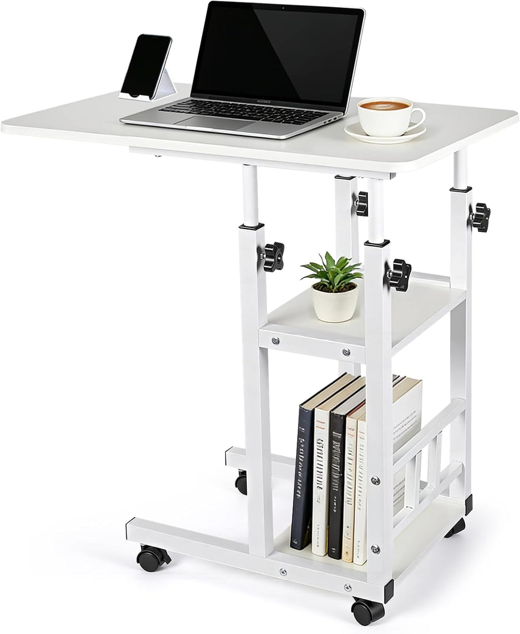 Adjustable C Table,Over Bed Table with Wheels,Rolling Side Table, Over Bed Table with Wheels, Bedside Table, for Sofa Side Small Space, Stable Multi Storage Desk (White)