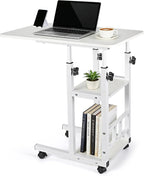 Adjustable C Table,Over Bed Table with Wheels,Rolling Side Table, Over Bed Table with Wheels, Bedside Table, for Sofa Side Small Space, Stable Multi Storage Desk (White)