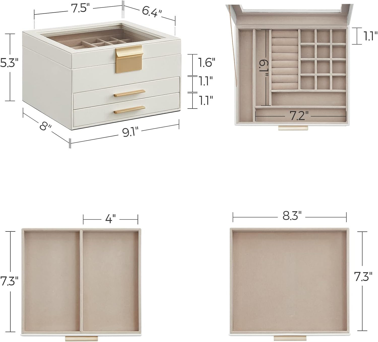 SONGMICS GISELLA Collection - Jewelry Box Organizer, 3-Layer Jewelry Storage with 2 Drawers, Shiny Metal Hardware, Glass Lid, Modern, 8 x 9.1 x 5.3 Inches, Cloud White and Gold Color UJBC239WT