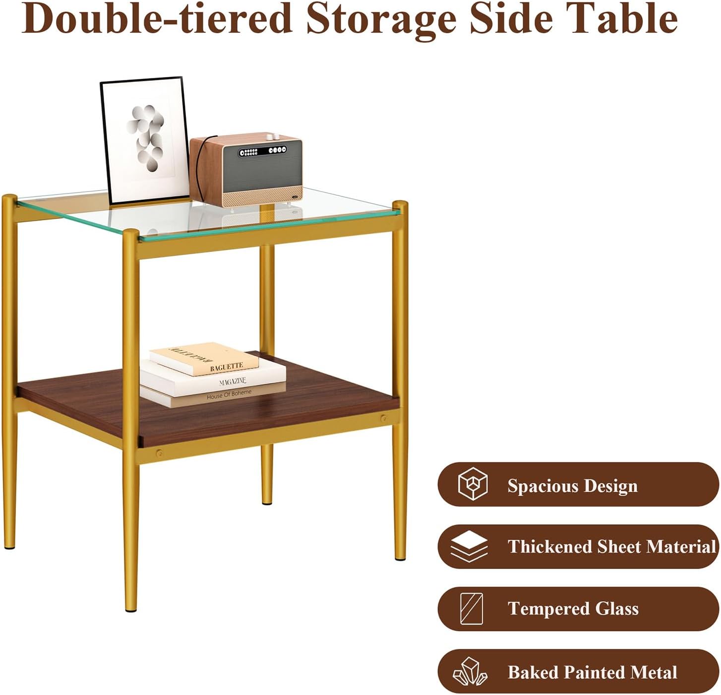 Modern Tempered Glass End Table, 19.1"L x 15.35"W Side Table with Sturdy Iron Legs & MDF Storage Shelf, Modern Table for Living Room, Bedroom, Small Spaces, Easy Assembly (Gold + Brown + Transparent)