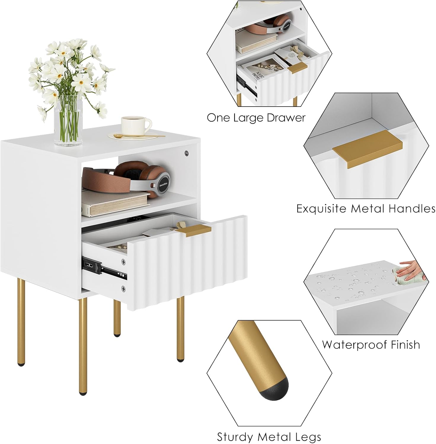 Night Stand,Modern Bedside Table with Drawer and Shelf,White Night Stand with Gold Frame,Small Side Table for Bedroom,Living Room