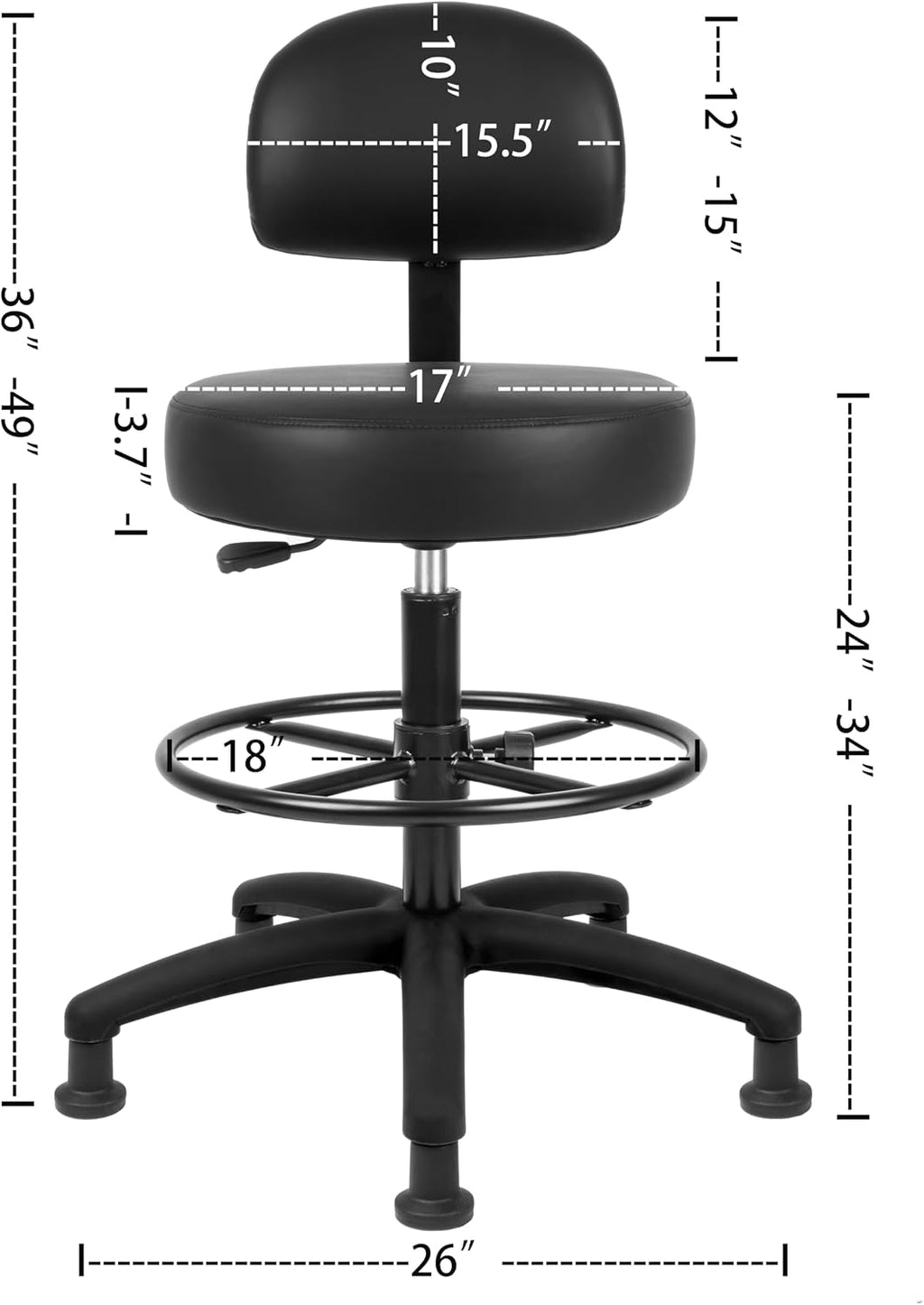 TAKE UR SEAT® Economical Multi-Purpose Medical Spa Drafting Stool with Adjustable seat and Back Height. Advanced Fabric seat Cover is Easy to Clean. Glide (Tall Bench Height Black)