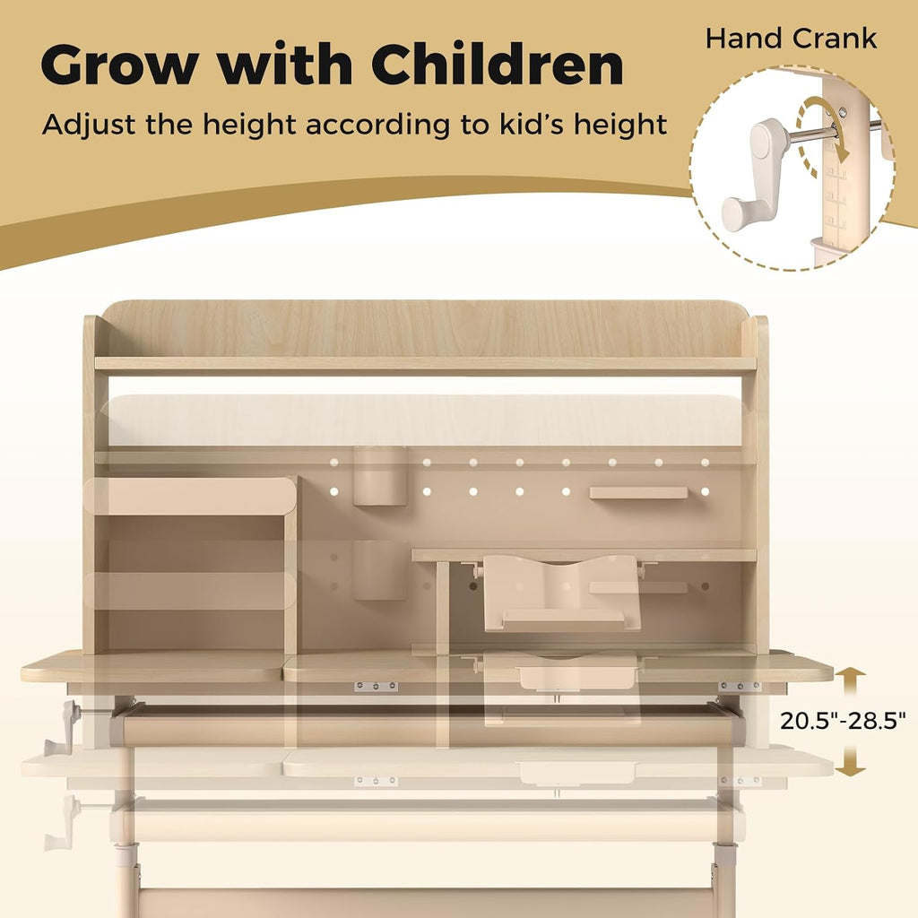 Costzon Kids Desk, Height Adjustable Student Table w/Tilt Desktop, Retractable Book Stand, Hutch, Drawer, Pen Holder, Tray & Scale Ruler, Children Study Desk for Reading Writing Drawing