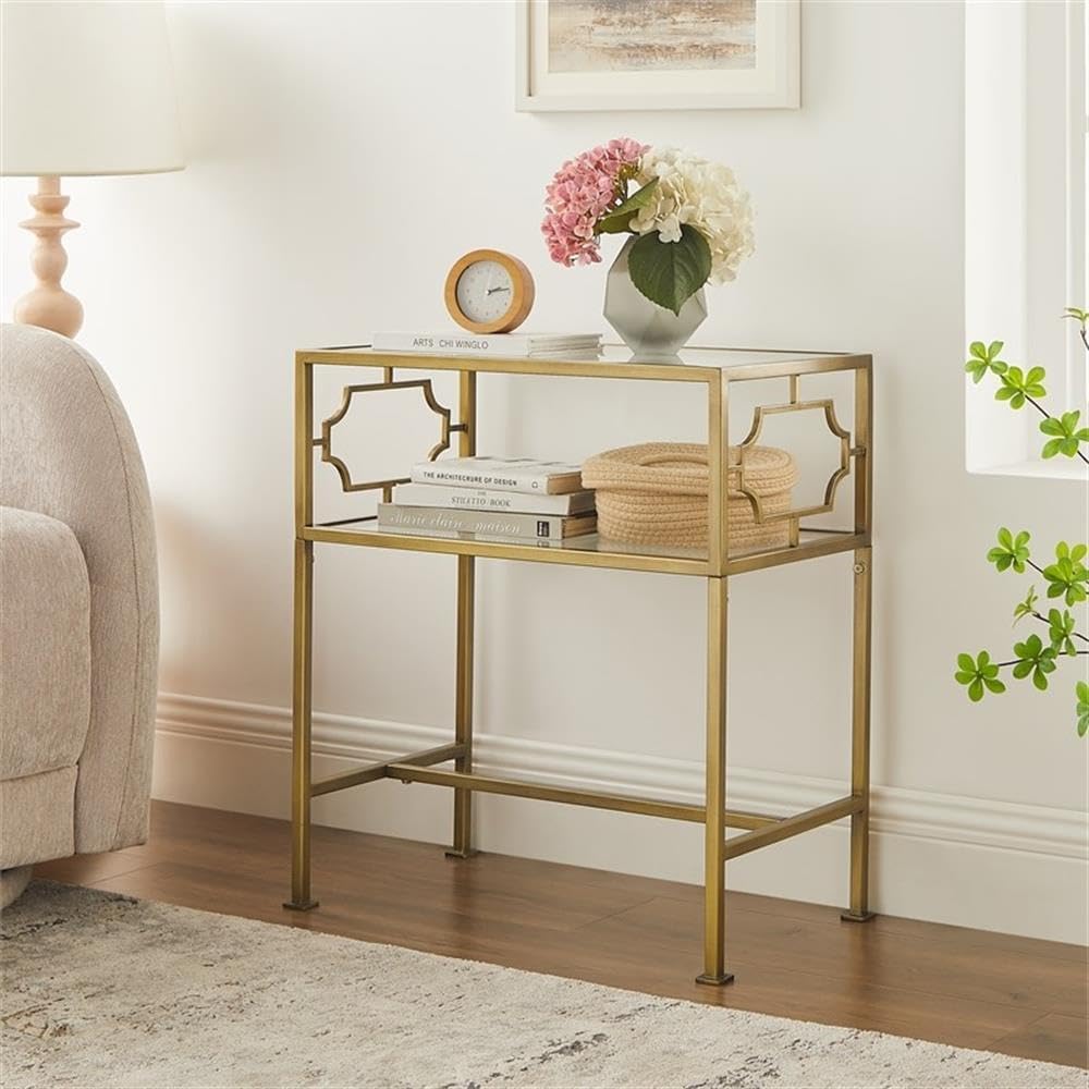 Pemberly Row Rectangular Accent Table, Antique Gold Metal Frame and Clear Tempered Glass, 23.38" W x 13.38" D x 26" H, 2-Tier Design with H-Style Stretcher, Modern Table for Living Room or Entryway