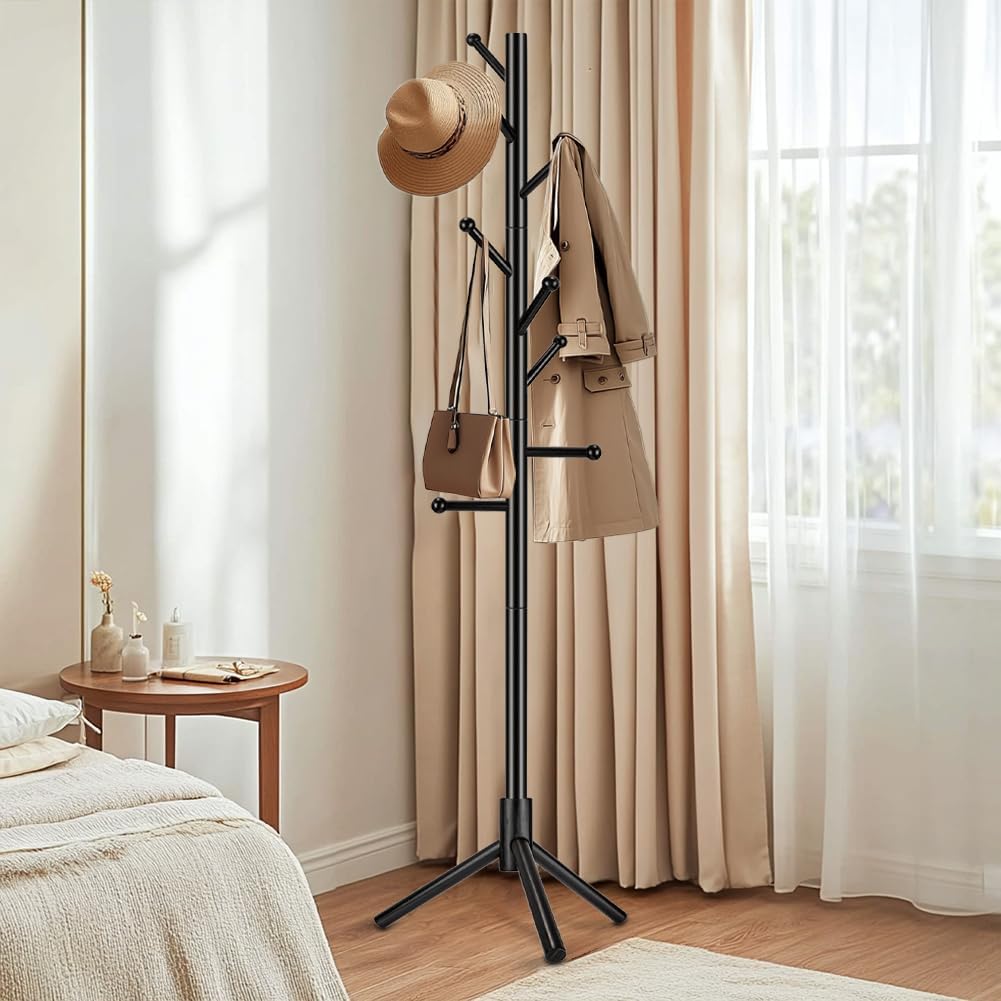 Wooden Coat Rack Freestanding, Adjustable Height Solid Wood Clothes Stand with 8 Ball-End Hooks, Stable Tripod Base, 5.7FT Floor Coat Tree for Entryway Bedroom Office, Black