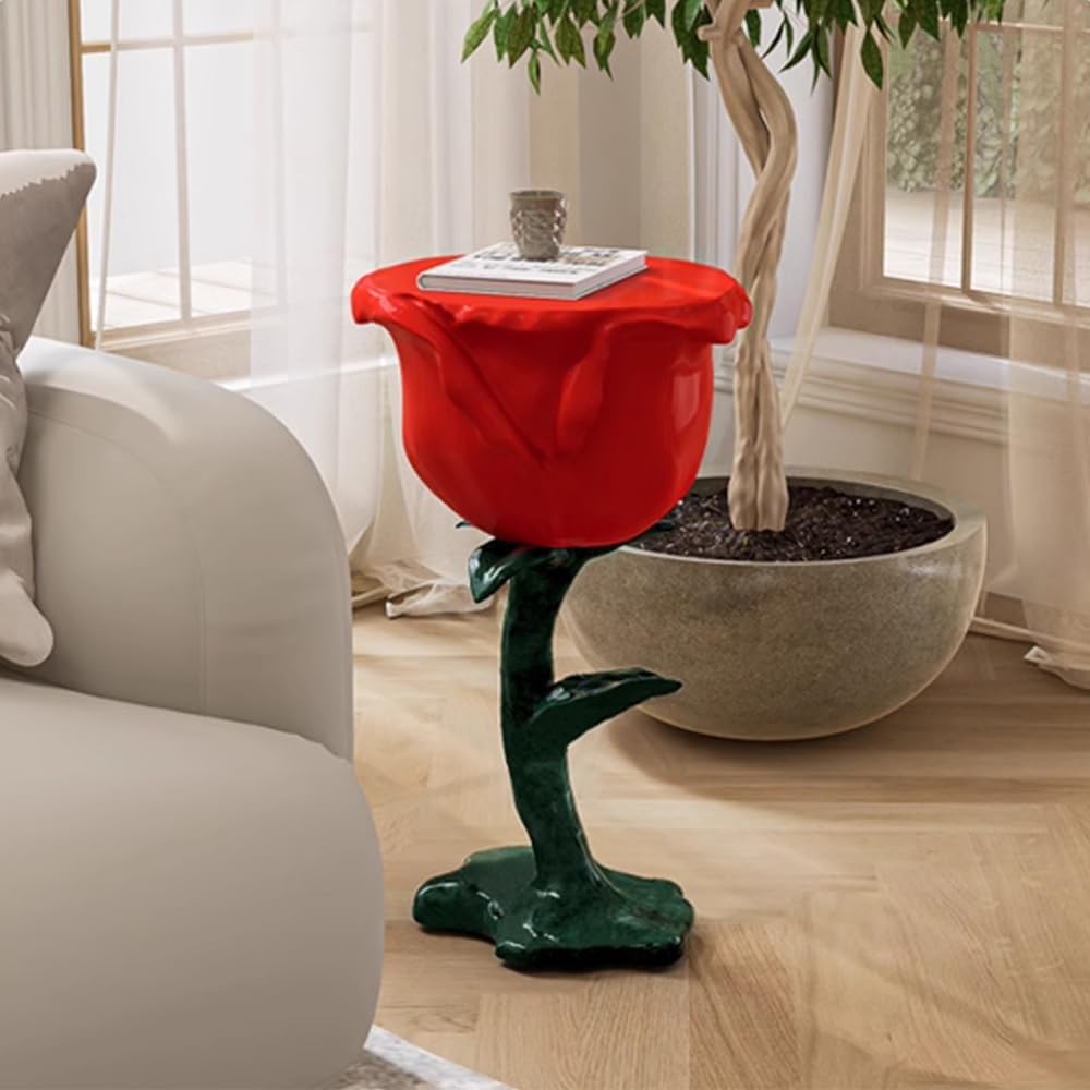 LOVEDIMA Modern Small End Table,Red Resin Rose Sculpture Cute Pedestal Side Table with Tray