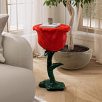 LOVEDIMA Modern Small End Table,Red Resin Rose Sculpture Cute Pedestal Side Table with Tray