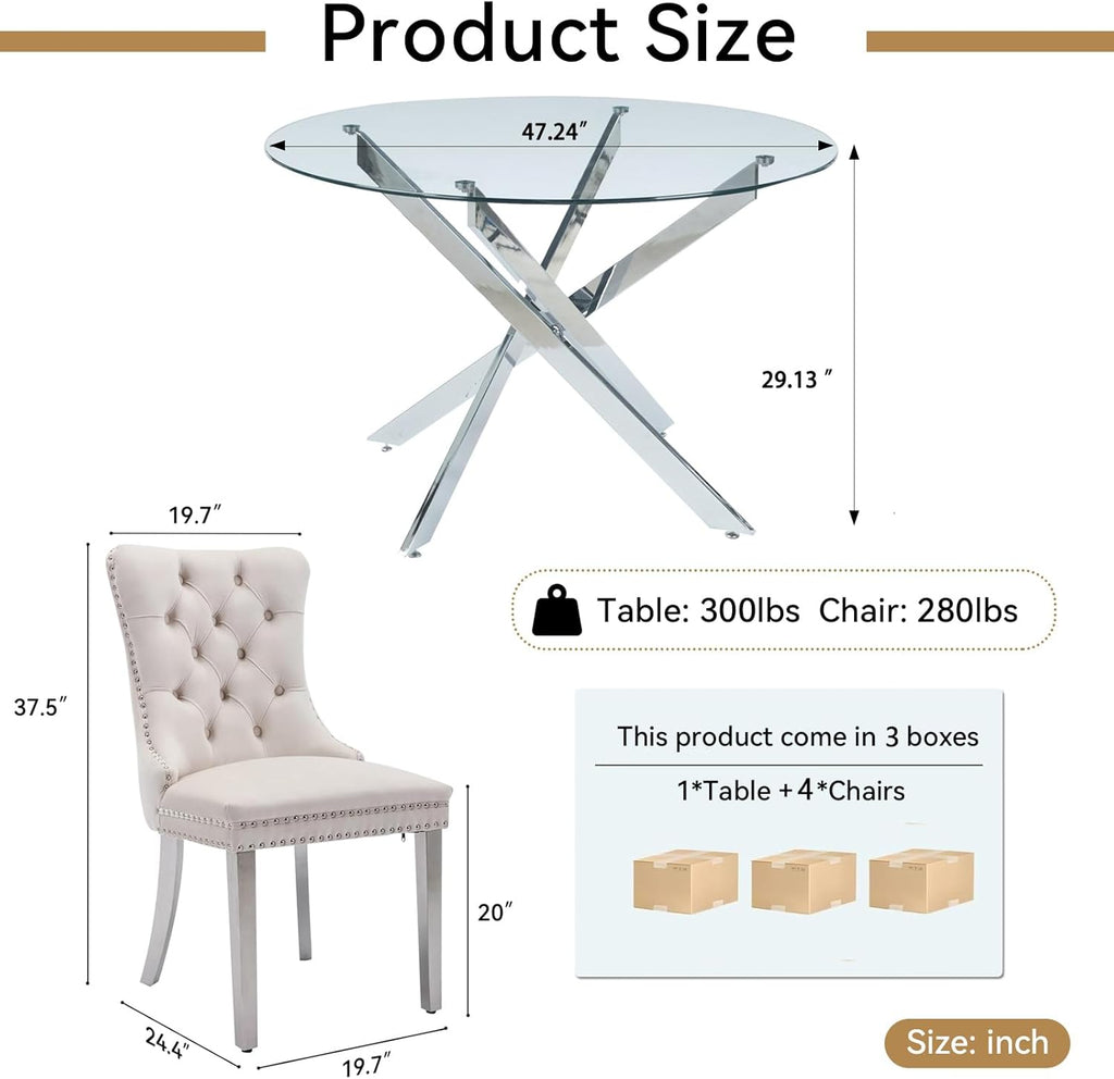 Round Glass Dining Table Set for 4, Small Kitchen Table Set for 4, 47" Round Glass Table and Chairs Set of 4, 5 Piece Round Dining Room Table Set with Beige Velvet Chairs for Breakfast Dinette Cafe