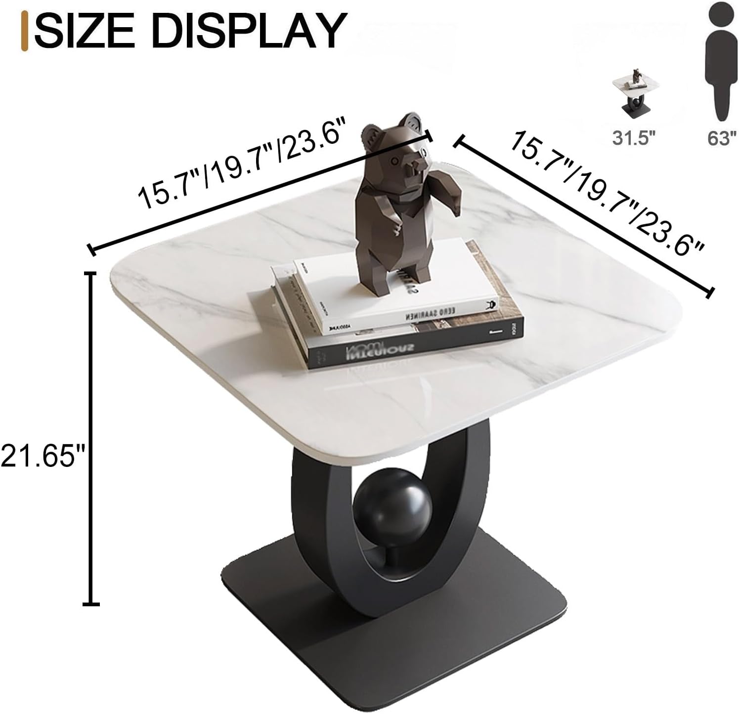 Modern Side Table with Sintered Stone Top, Small End Table with Open Storage Shelf Coffee Table Narrow Bedside Tables for Living Room, Bedroom, Couch, Nightstand(Black2,19.7"x19.7"x21.7")