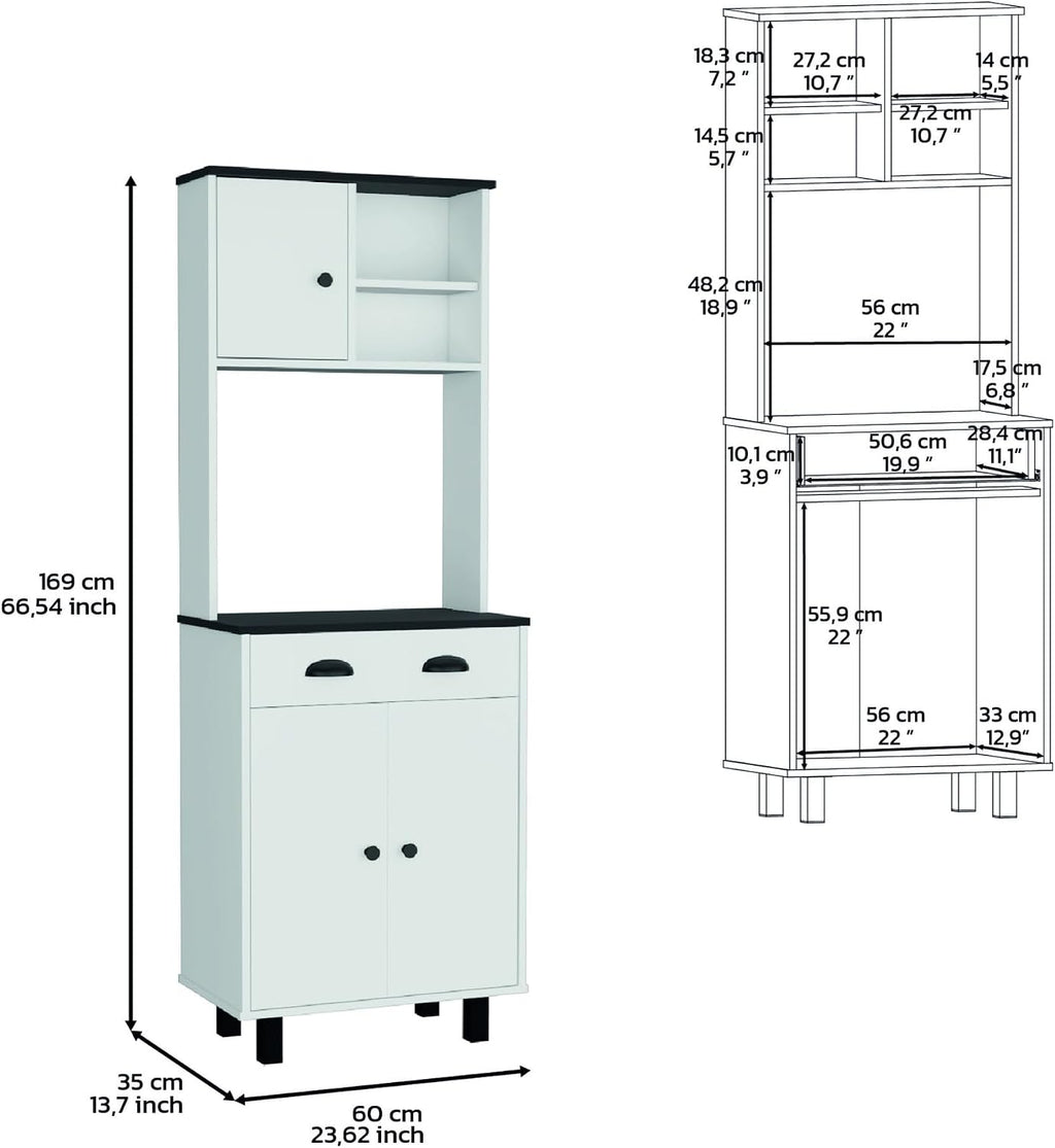 67" H Kitchen Pantry with Two Cabinets, Two Open Shelves, and One Drawer,White