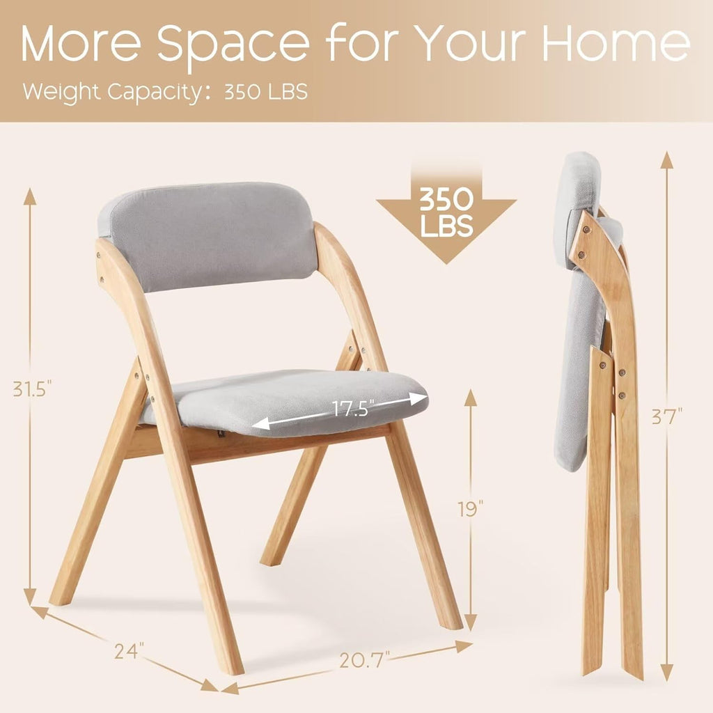 2-Pack Folding Chairs with Cushion Linen Padded Foldable Chairs Raw Wood Folding Dining Chairs for Dining Rooms Kitchen Parties Offices Indoor Outdoor Light Grey