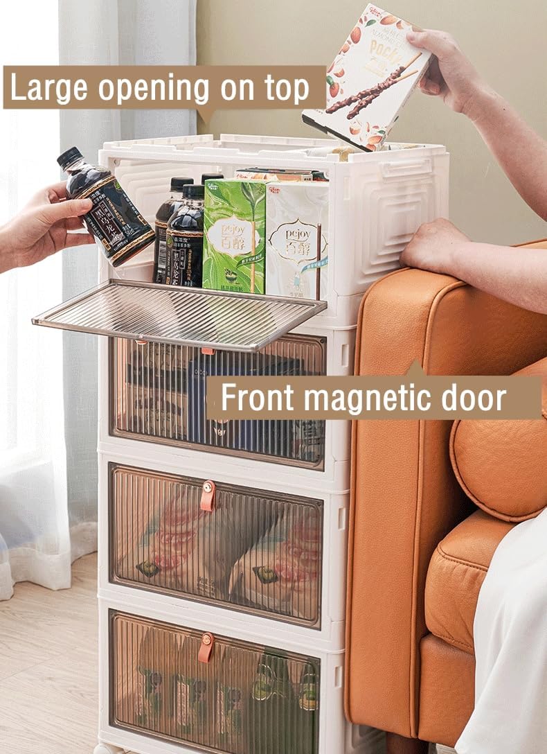 Foldable Storage Bins Boxes with Lid Wheels and Magnetic Door, Collapsible Stackable ABS Organizer for Kitchen Cloakroom Closet Living Room & Office (6 Tier)