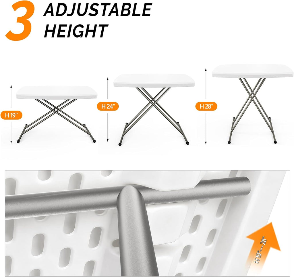 VINGLI Small Adjustable Folding Table, 13.8 in-28 in Height Personal Laptop TV Tray, HDPE Plastic Top with Steel Frame, 30 inch, White