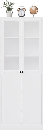 72" White Storage Cabinet Metal Kitchen Pantry Cabinet with Glass Doors & Adjustable Shelves,Freestanding Storage Organizer Utility Cupboard for Pantry, Kitchen, Bathroom
