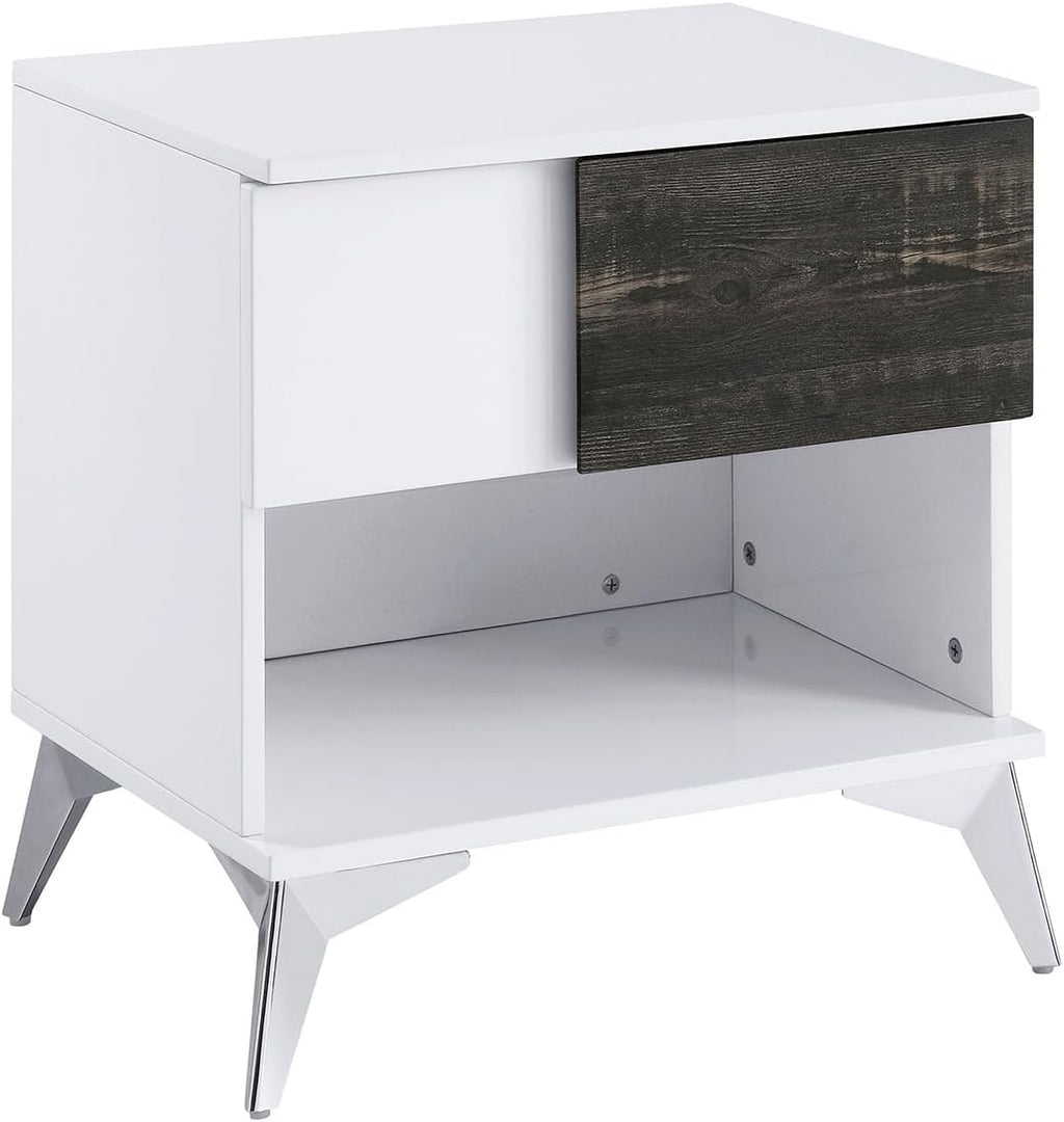 End Table White and Oak Open Shelf Drawer Steel Legs Two Tone High Gloss Wooden Panel Coffee Table Not Include