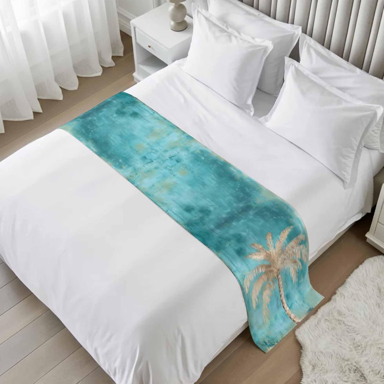 Coastal Beach Tree Bed Runner Scarf King Size, Vintage Teal Brown Tropical Palm Tree Luxury Bed Throw Runners & Scarves for Twin Full Queen King Foot of Beds, Bedroom Decoration, 94"x20"