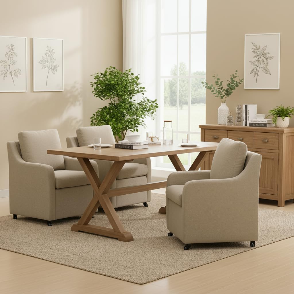 Rolled Dining Chair with Casters, Upholstered Modern Swivel Armchair with Wheels for Kitchen (1, Fabric Camel)