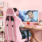 Pink Gaming Chair Office Chair Desk Chair for Girls, High Back Ergonomic PC Racing Chair w/Lumbar Support & Retractable Footrest PU Leather Recliner Swivel Cute Computer Game Chair for Women