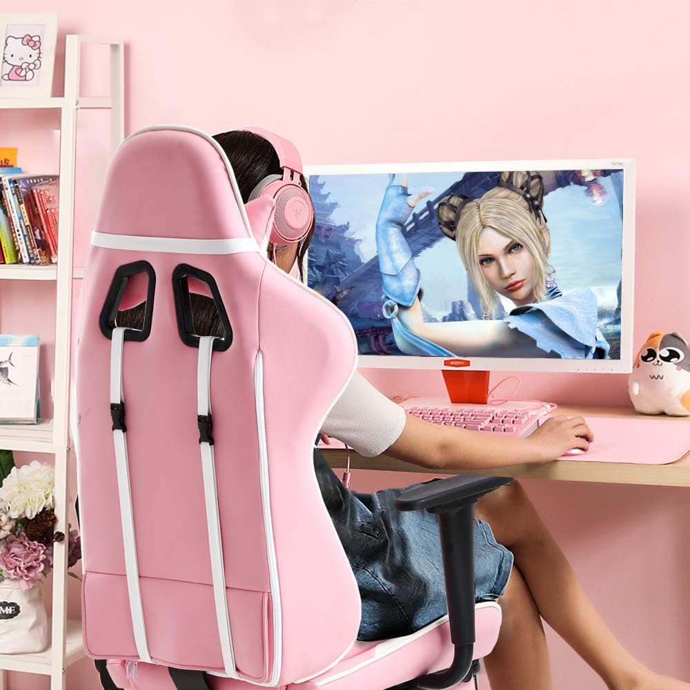 Pink Gaming Chair Office Chair Desk Chair for Girls, High Back Ergonomic PC Racing Chair w/Lumbar Support & Retractable Footrest PU Leather Recliner Swivel Cute Computer Game Chair for Women